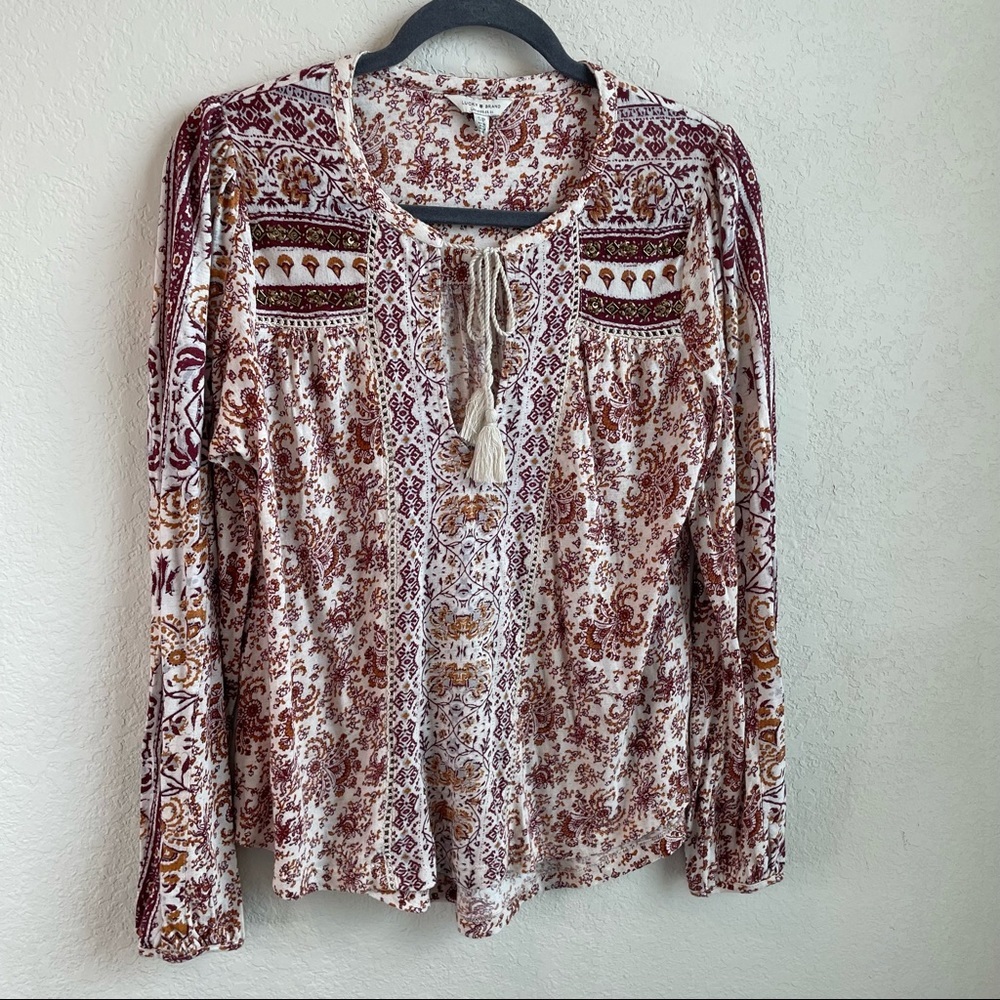 Lucky Brand Beaded Tie Front Peasant Top Long Sleeve Women’s Small